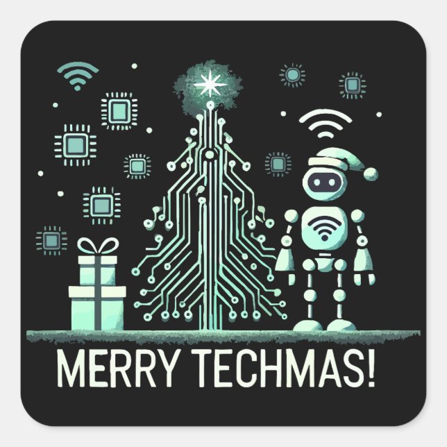 Adesivo Quadrado Robô AI com Árvore de Natal Tech - Techmas de Feli (Frente)