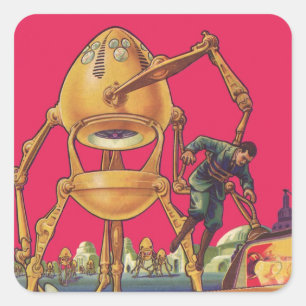 Adesivo Quadrado Robô Alien de Ficção Científica Vintage Captura Ho