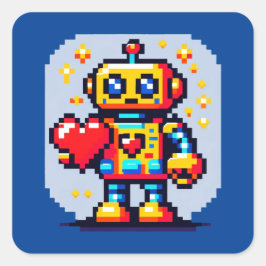 Adesivo Quadrado Robô com coração - Design Sci-Fi de Pixel de Arte