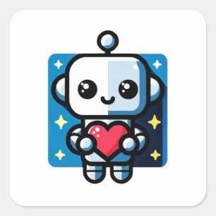 Adesivo Quadrado Robô Cute Segurando Coração - Adorável Amor e Tecn