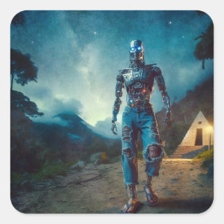 Adesivo Quadrado Robô Futurista em Paisagem Antiga