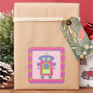 Adesivo Quadrado Robô Retro Rosa, Roxo e Verde com Estrelas