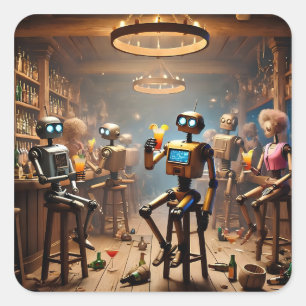 Adesivo Quadrado robots having fun in a bar