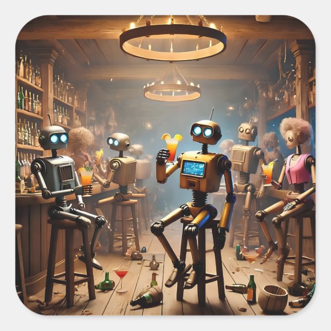 Adesivo Quadrado robots having fun in a bar (Frente)