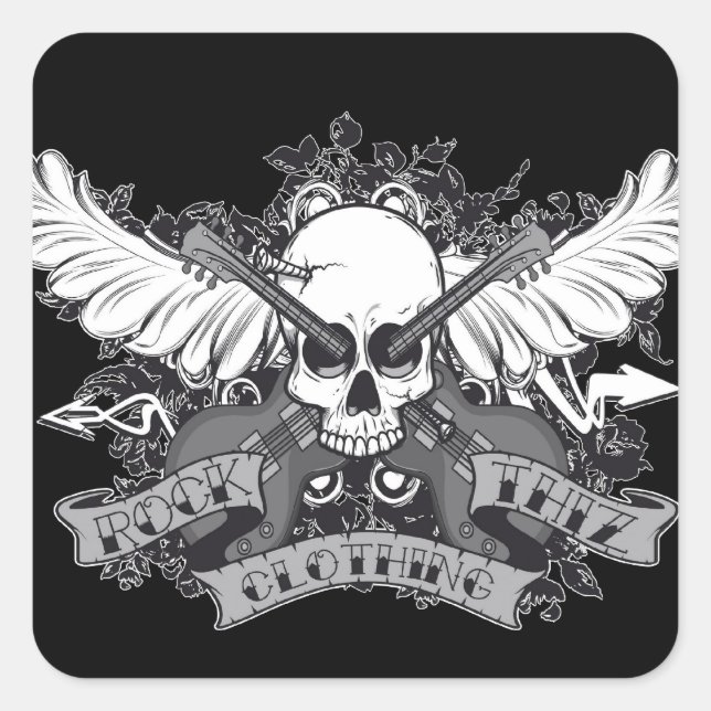 Adesivo Quadrado Rock Thiz Clothing Sticker Skull, Wings & Guitar (Frente)