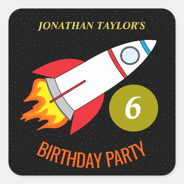 Adesivo Quadrado Rocket espacial para o Aniversário das Crianças da (Frente)