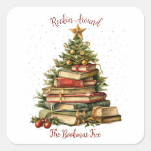 Adesivo Quadrado Rockin Around The Bookmas Tree, Amante de Livros