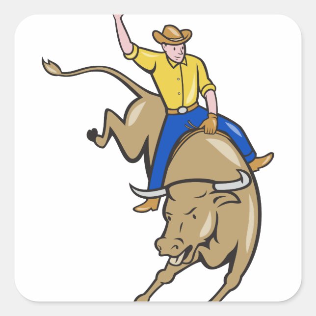 Adesivo Quadrado Rodeo Cowboy Bull Riding Cartoon (Frente)