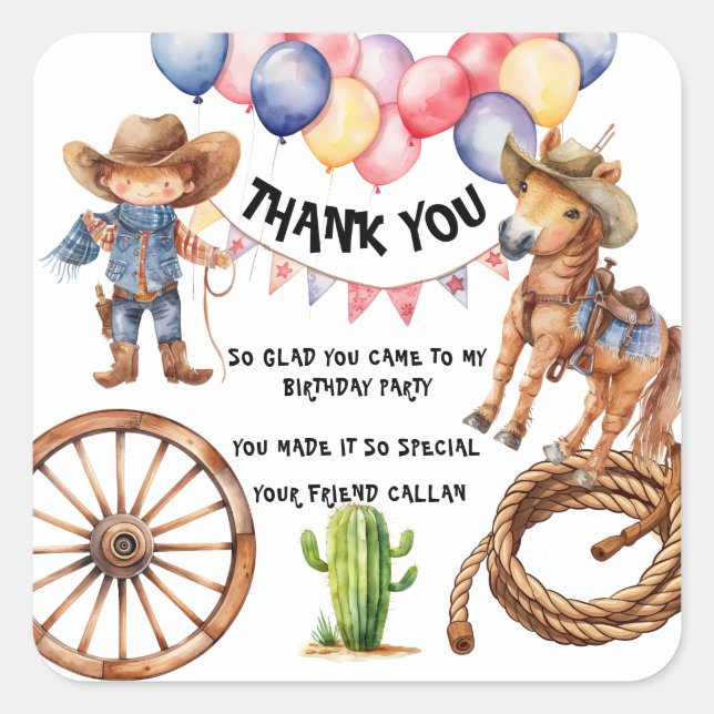 Adesivo Quadrado Rodeo Cowboy Thank you Party Stickers (Frente)