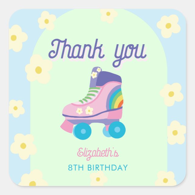 Adesivo Quadrado Roller Skate Birthday Thank You Retro Rainbow Kids (Frente)
