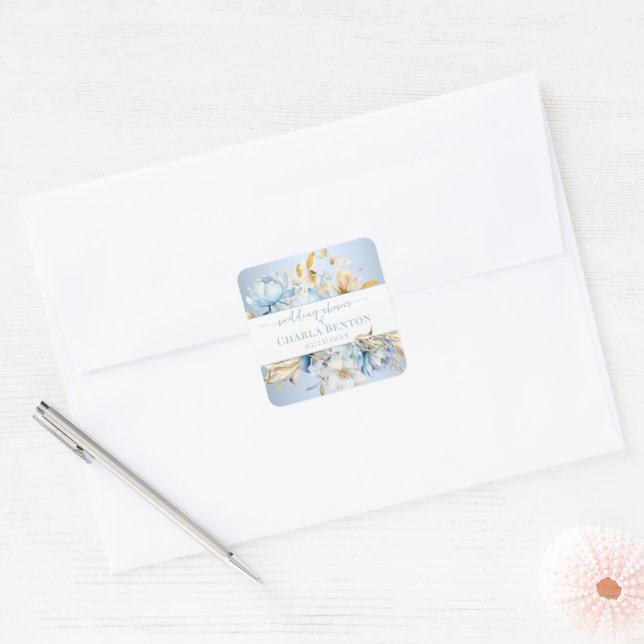 Adesivo Quadrado Romance Blue Floral Gold Wedding Shower (Envelope)