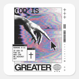 Adesivo Quadrado Romanos 8:31 Mão de Deus Cyberpunk Glitch Art