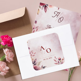 Adesivo Quadrado Romantic Blush Floral Monogram Custom Wedding