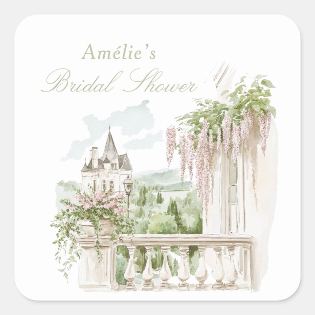 Adesivo Quadrado Romantic French Garden Chateau Bridal Shower  (Frente)