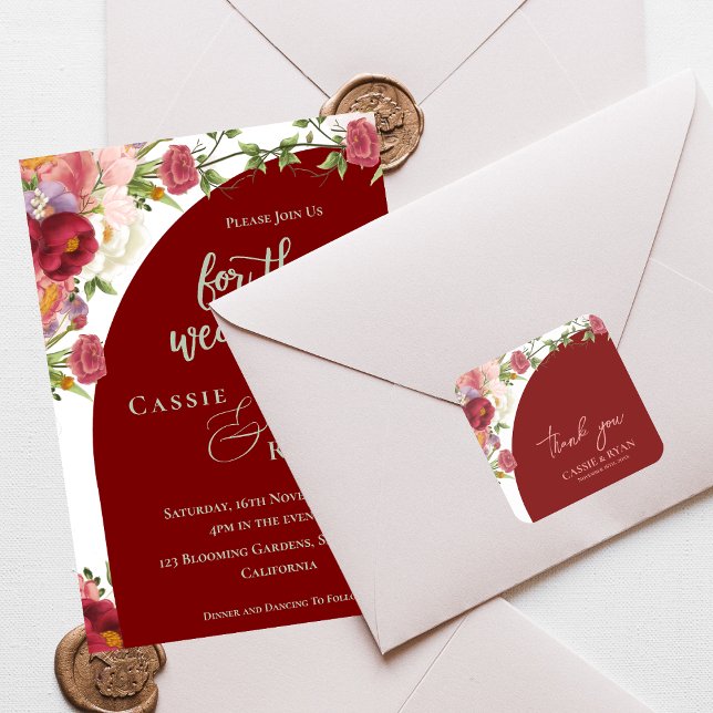 Adesivo Quadrado Romantic Peach Floral Red Arch Wedding Thank you (Romantic Peach Floral Red Arch Wedding Thank you Square Sticker)