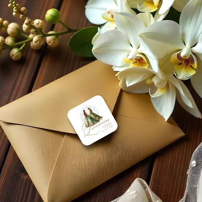 Adesivo Quadrado Romantic Spanish Quinceañeras Twins Dolls Green (Romantic Spanish Quinceañeras Twins Dolls in Green and Brown Shades Square Stickers.)