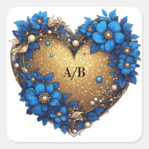 Adesivo Quadrado 💙 Romântico Adorno Coração de Flor Azul para Lemb