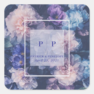 Adesivo Quadrado Romântico Casamento com Aquarela Floral Azul Roxo