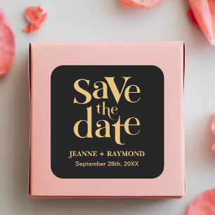 Adesivo Quadrado Romântico Preto Ouro Custom Save the Date Casament