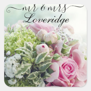 Adesivo Quadrado Romântico Sr. & Sra. Rosa Floral Casamento
