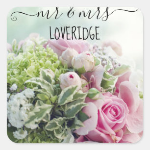 Adesivo Quadrado Romântico Sr. & Sra. Rosa Floral Casamento