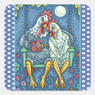 ADESIVO QUADRADO ROOSTER HEN CANOODLES, BONITO FRANCO DOCE DOCE