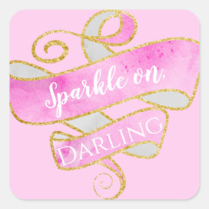Adesivo Quadrado Rosa Bege Feminino Brilho Dourado Brilhe, Querida
