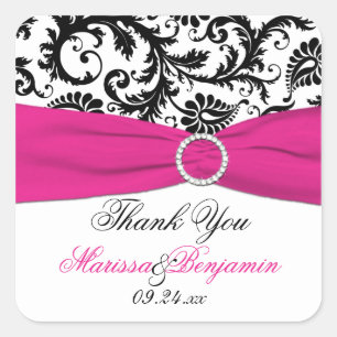 Adesivo Quadrado Rosa, Branco e Damasco Negro Obrigado Sticker