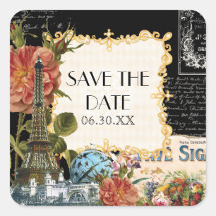 Adesivo Quadrado Rosa da Torre Eiffel de Vintagem Negra Salve o sel