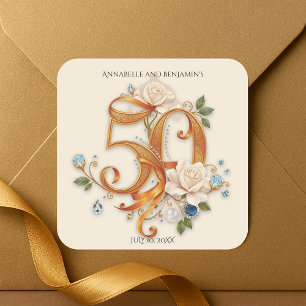 Adesivo Quadrado Rosa de 50º Aniversário Dourado e Pedras Preciosas