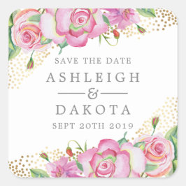 Adesivo Quadrado Rosa de Inglês Moderno Dourado Casamento Confetti