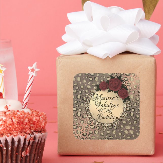 Adesivo Quadrado Rosa de Leopardo Personalizado aniversário de 40 a (Festa)