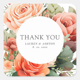 Adesivo Quadrado Rosa de Pêssego Elegante Obrigado