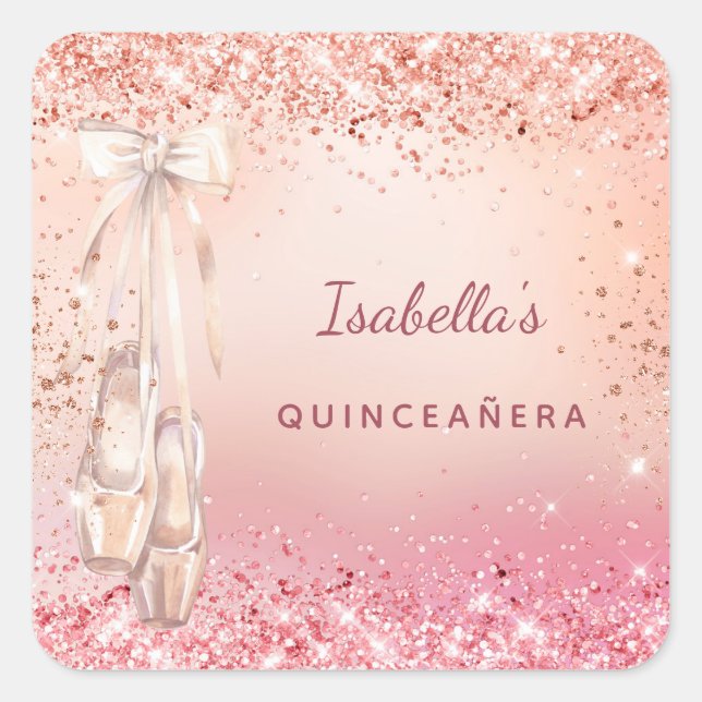 Adesivo Quadrado Rosa de Quinceanera dourado, esferina (Frente)