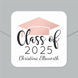 Adesivo Quadrado Rosa de Script Moderno Dourado 2025 Graduação Pers
