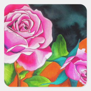 Adesivo Quadrado Rosa do rosa com arte alaranjada da aguarela