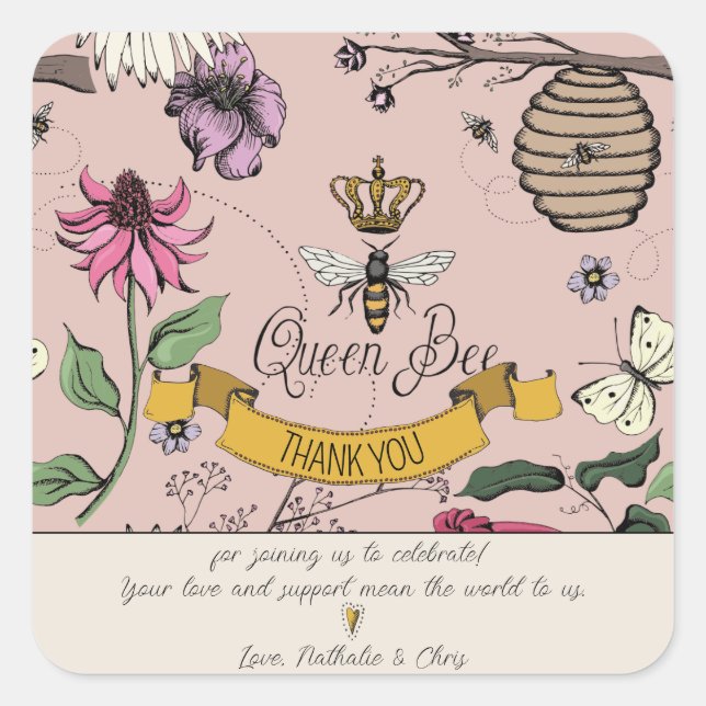 Adesivo Quadrado Rosa Dourada e Rainha Negra Abelhas e Coroa Obriga (Frente)