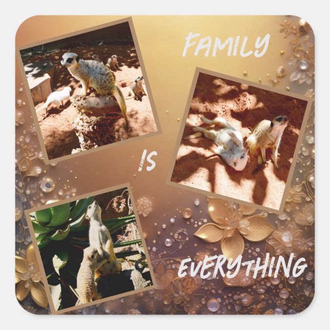 Adesivo Quadrado Rosa Dourada Família Meerkat É Tudo, (Frente)