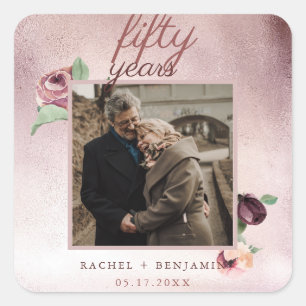 Adesivo Quadrado Rosa Dourada Glitter 50 Anos de Aniversário de Cas