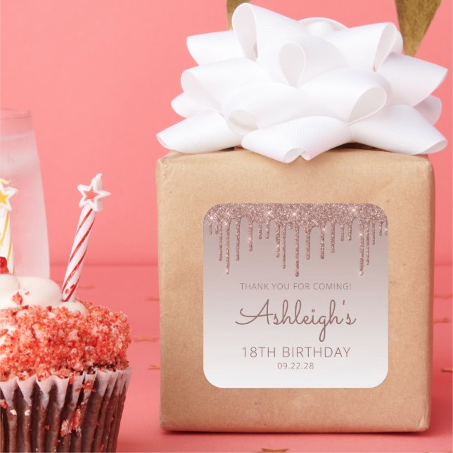 Adesivo Quadrado Rosa Dourada Glitter Drip 18º Aniversário Obrigado (Festa)
