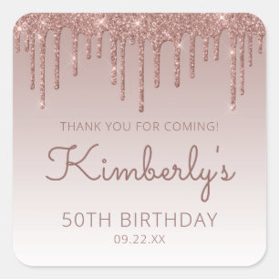 Adesivo Quadrado Rosa Dourada Glitter Drip 50º Aniversário Obriga