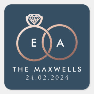 Adesivo Quadrado Rosa Dourado Casamento Monograma Nome do Monograma