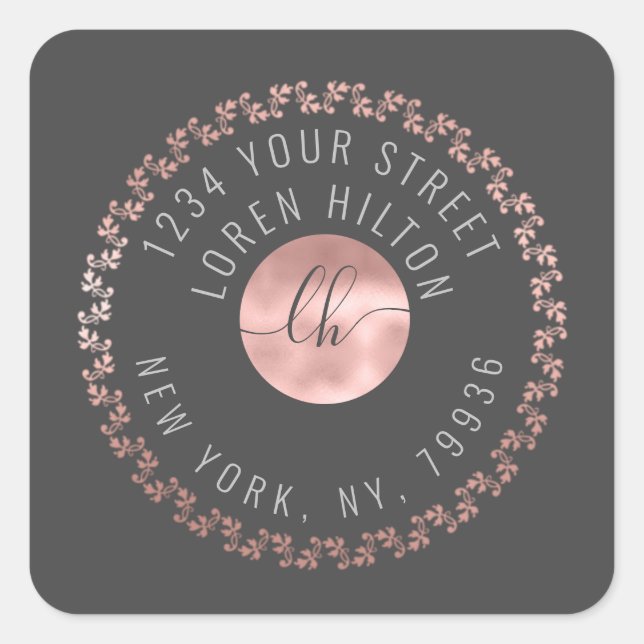 Adesivo Quadrado Rosa dourado círculo moderno monograma endereço de (Frente)