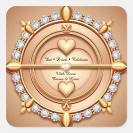Adesivo Quadrado 🌷 Rosa Dourado Coração Celebração de Casamento 💗