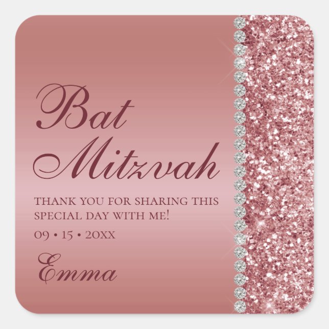 Adesivo Quadrado Rosa Dourado Glitter Bat Mitzvah (Frente)
