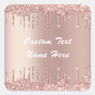 Adesivo Quadrado Rosa Dourado Glitter Nome de Texto Personalizado G