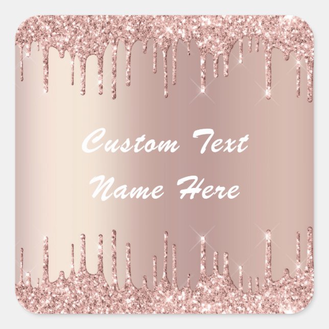 Adesivo Quadrado Rosa Dourado Glitter Nome de Texto Personalizado G (Frente)