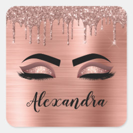 Adesivo Quadrado Rosa Dourado Glitter Sparkle Eyelashes Monograma