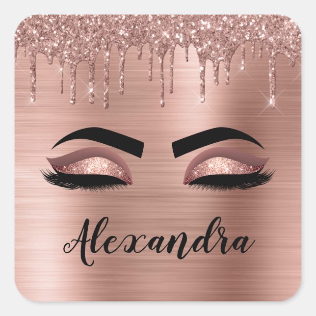 Adesivo Quadrado Rosa Dourado Glitter Sparkle Eyelashes Monograma (Frente)