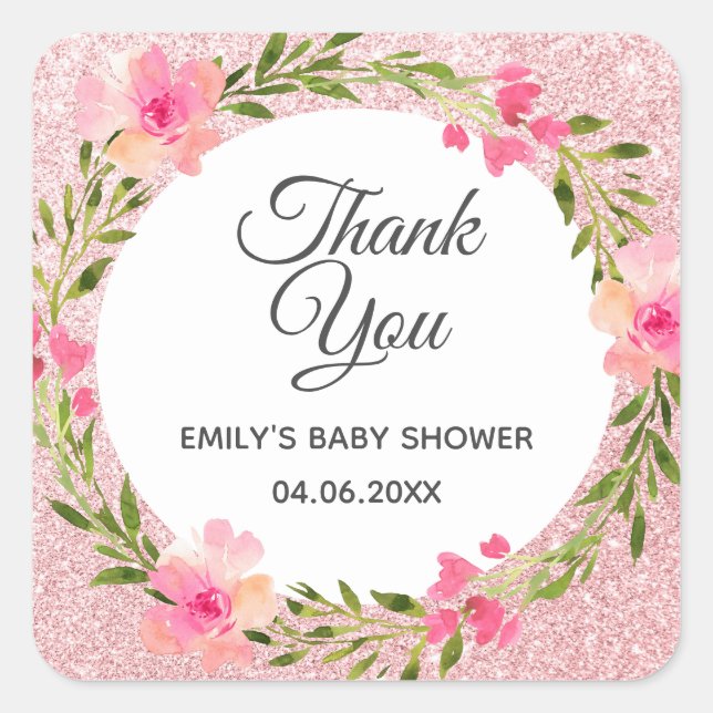 Adesivo Quadrado Rosa Dourado Pink Floral Wreath Obrigado Chá de fr (Frente)